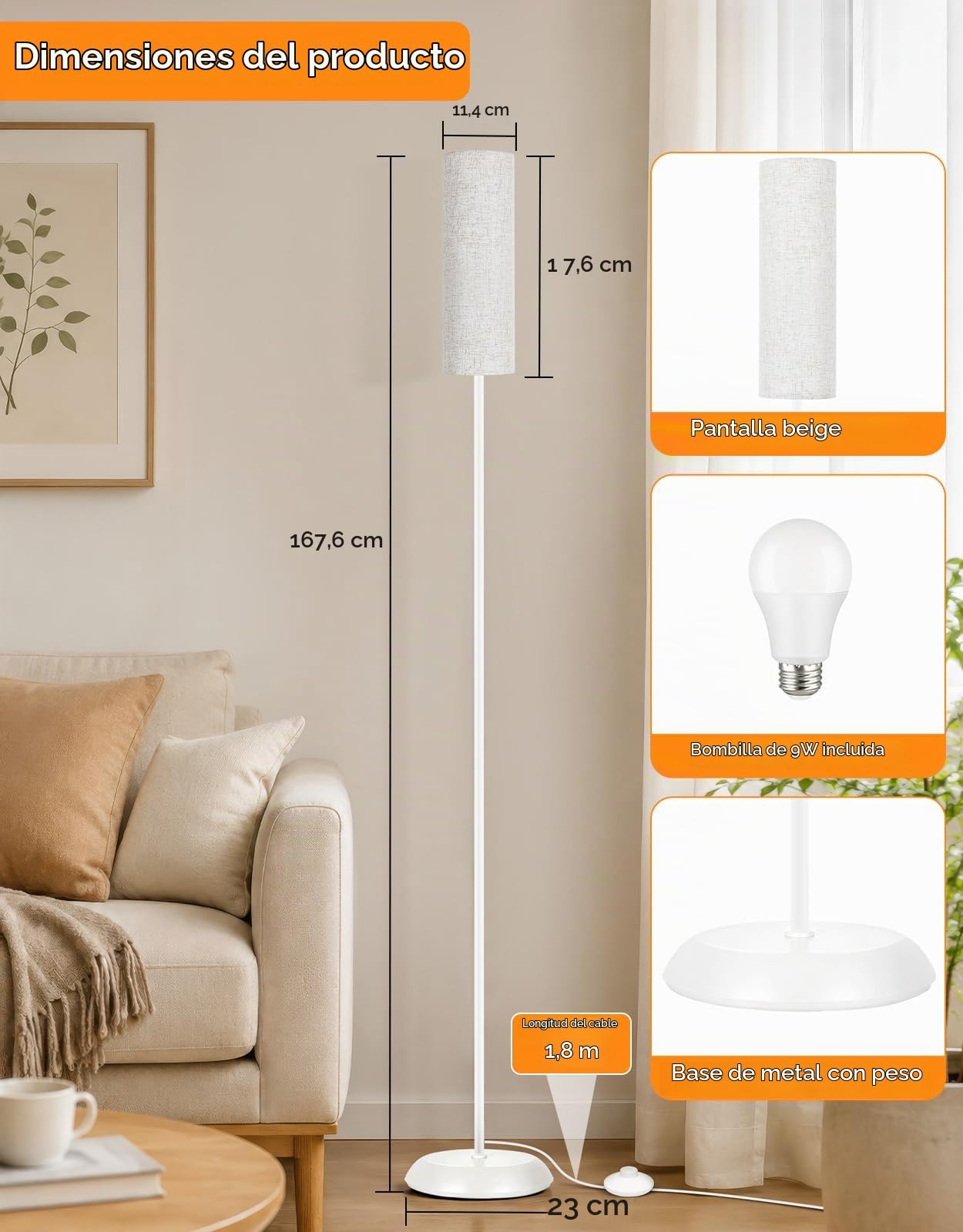 OUTON Lámpara de Pie Moderna de Metal con Pantalla de Lino, Blanco | Dormitorio