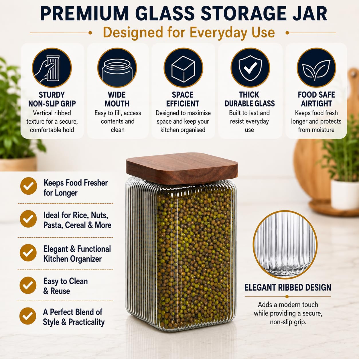 Mason & Fable Barattolo quadrato in vetro a coste con coperchio in legno, 1350 ml, set da 3 barattoli ermetici scanalati per alimenti, pasta, caffè, noci, contenitore quadrato per casa e cucina