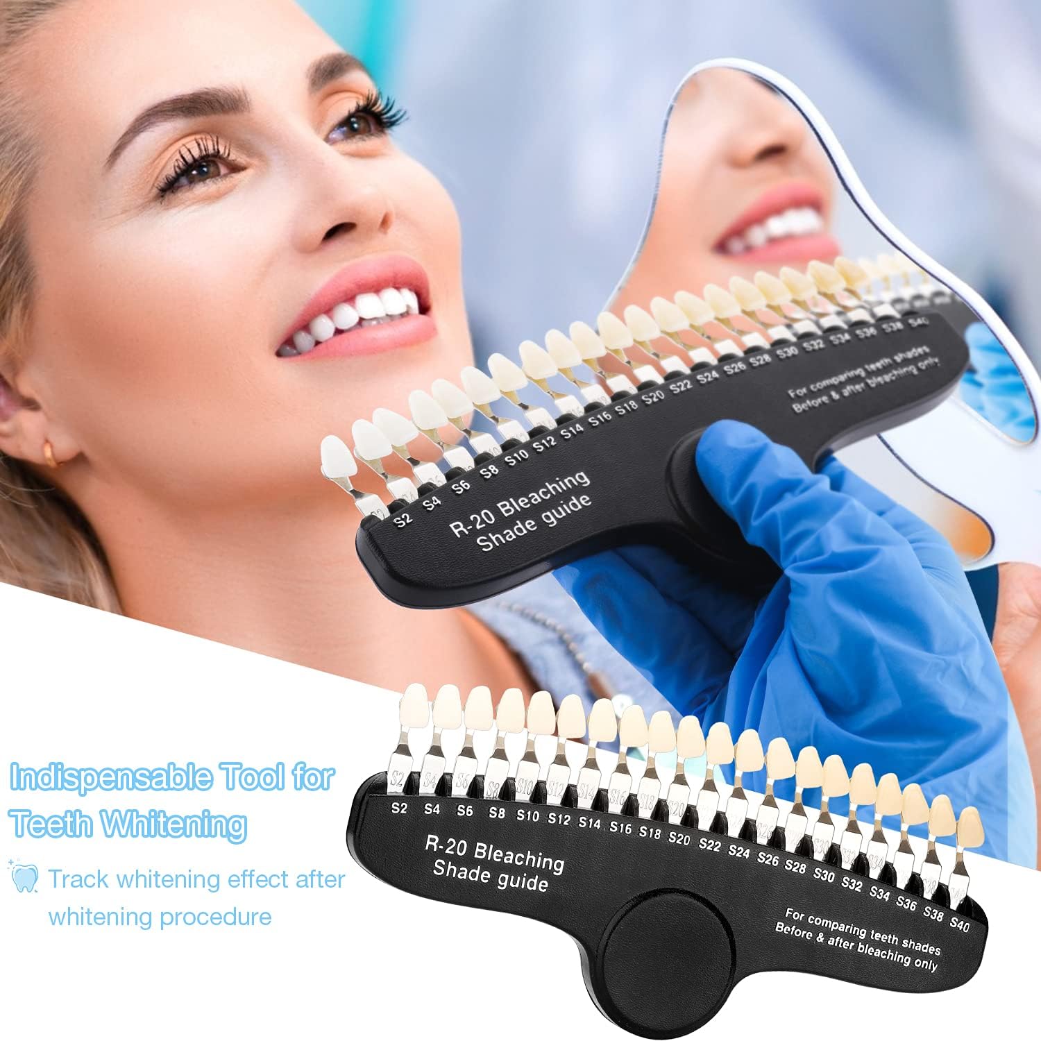 Teeth Whitening Shade Guide - Tooth Bleaching Shade Chart 3D R-20 Professional Dental Color Comparing Tracking with Case & Mirror 20 Colors