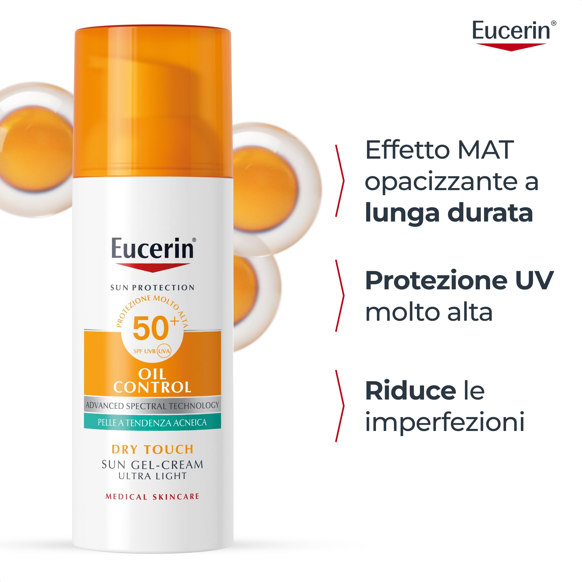 Eucerin Oil Control Dry Touch Face Sun Gel-Creme SPF50+ 50 ml, Crema solare viso 50+ opacizzante, Protezione solare viso 50+ senza profumo, Texture ultra leggera per pelle grassa, acneica e sensibile