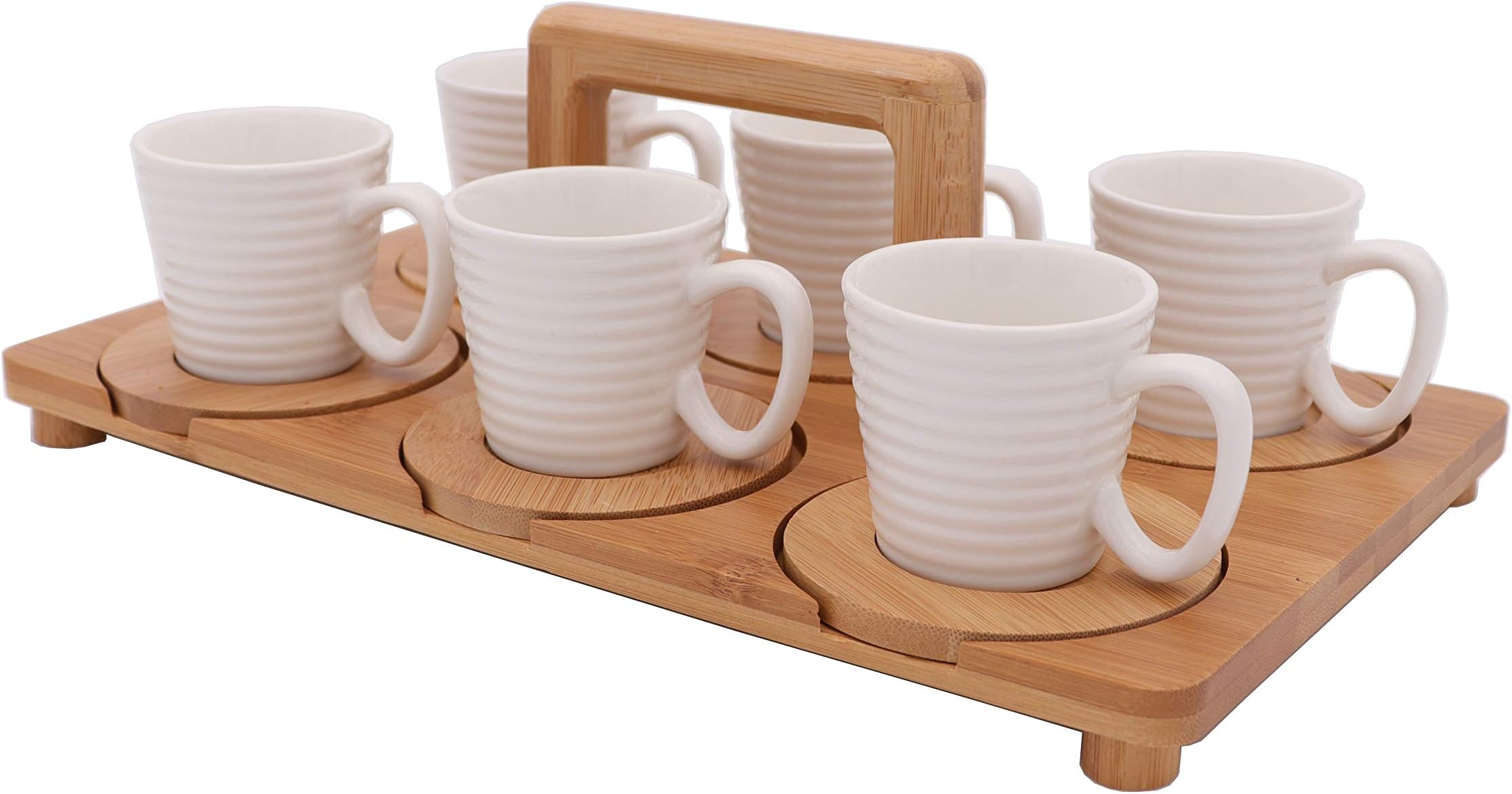 white porcelain espresso cups with bamboo saucers and wood tray, 3 ounce for coffee drinks, tea, cafe, mocha and latte, set of 6, stand for home and office
