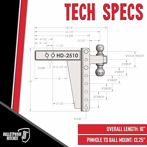Miniatura 6 de BulletProof Hitches - Enganche de remolque de caída subida de 2.5 pulgadas, ajustable y resistente (clasificación para 22.000 libras), con bola
