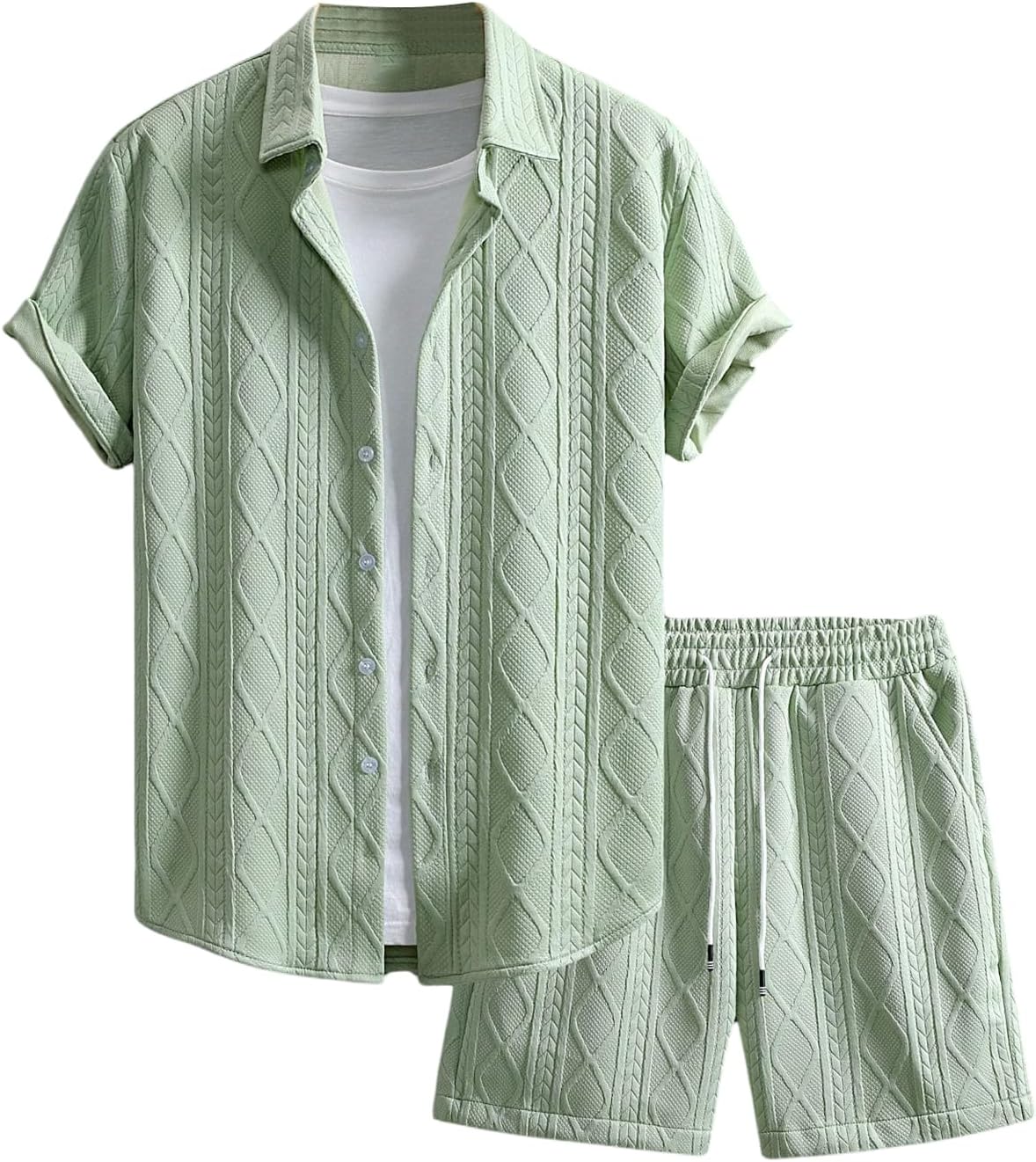 GORGLITTER Men's 2 Piece Outfits Waffle Knit Button Down Shirt Top and Shorts Set