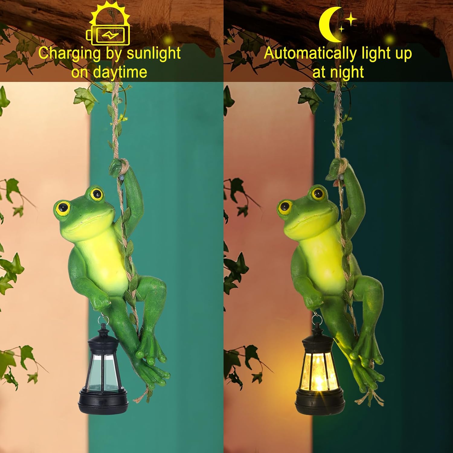Kathfly Solar Light Hanging Frog Figurine with LED Lantern 7.48 Inch Waterproof Resin Cute Frog Climbing on Vine with Hook for Yard Garden Wall Decor Mother's Day Housewarming Gift