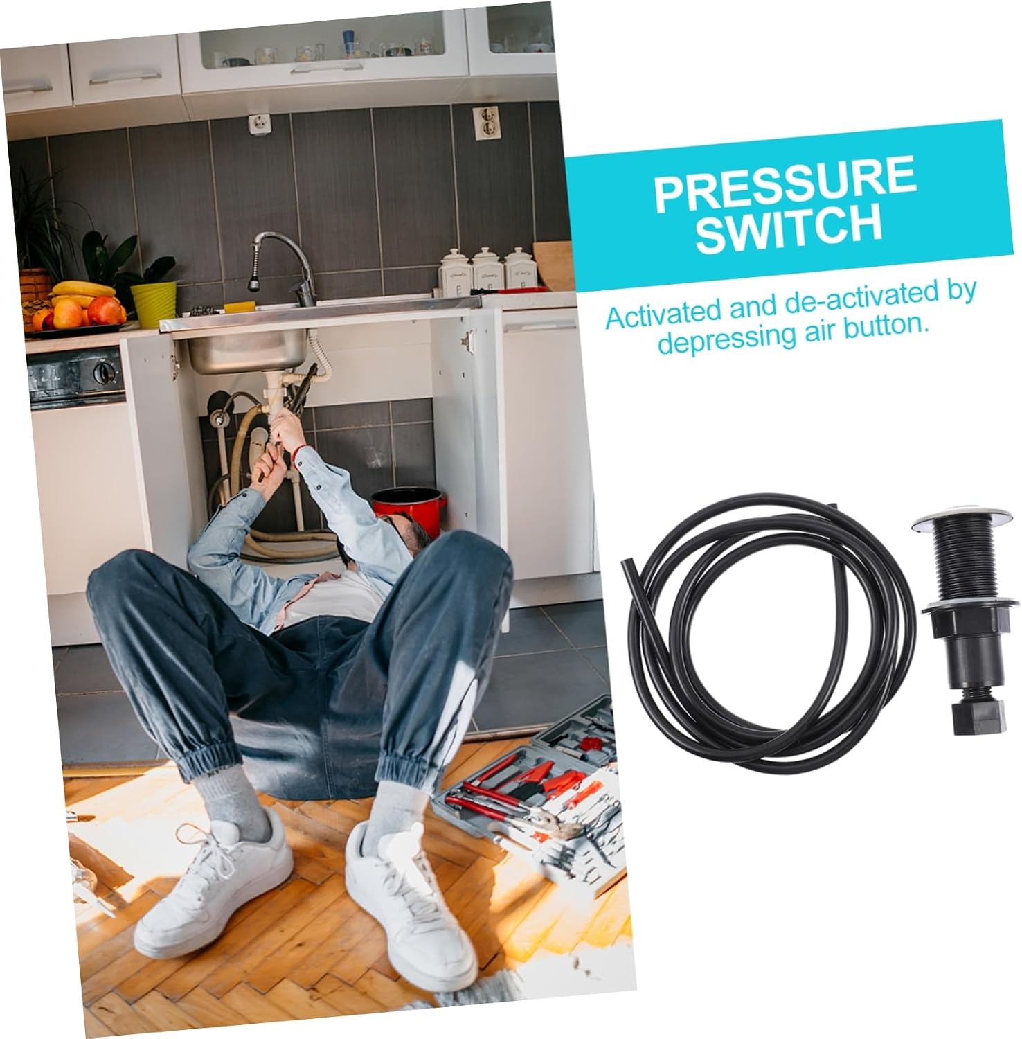 1.5m Air Activated Push Button for Stainless Steel Food Waste Processor Pneumatic off Accessory Air Hose for Garbage Disposal Systems