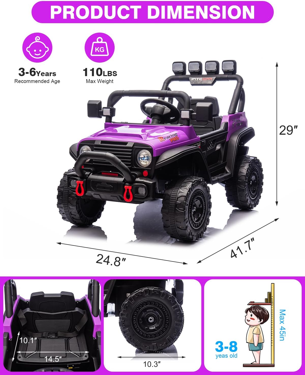 12v Ride on Toys for Big Kids, Carros Eléctricos para Niños, Electric car for Kids Truck Bed Storage, Ride On Truck Toy for Boy Girl Ages 3+, Wide Seat, Bluetooth, Music Player, Purple