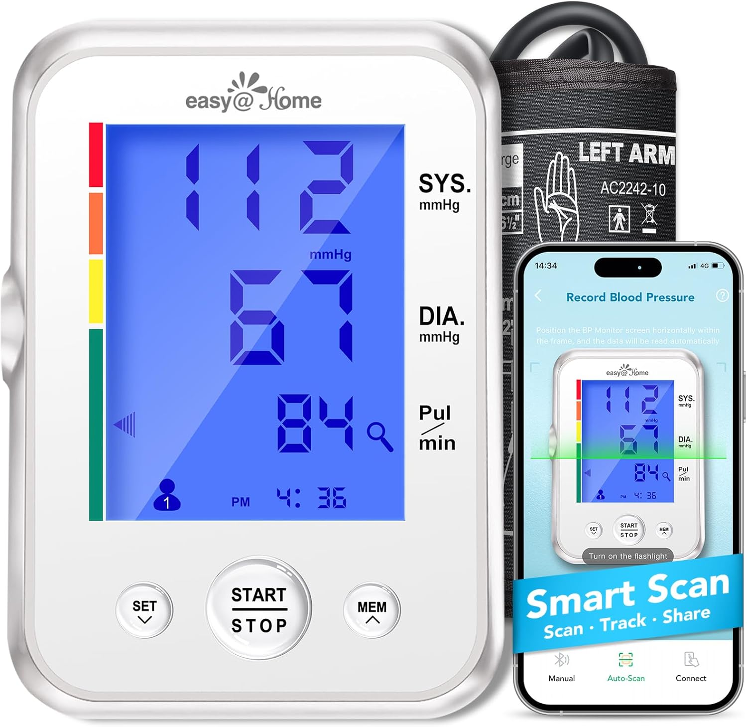 Blood Pressure Monitor for Home Use: Easy@Home Upper Arm Large Cuff BP Machine - Automatic Tensiometer with 3-Color Backlit Hypertension Display and 2 Users, NOT Bluetooth Enabled – Supports Free MyHeartPal App Scan | EBP-095 - Amazon product rated Grade B