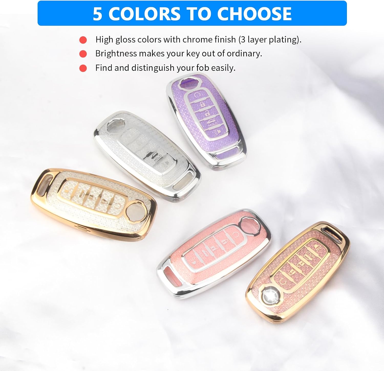 QBUC Key Fob Cover for Nissan with Heart Keychain, Car Key Fob Protector for Women, 5 Buttons Key Case Compatible with 2023 2024 2025 Pathfinder Rogue, Sentra 2024-2025 Accessories (Silver-White)