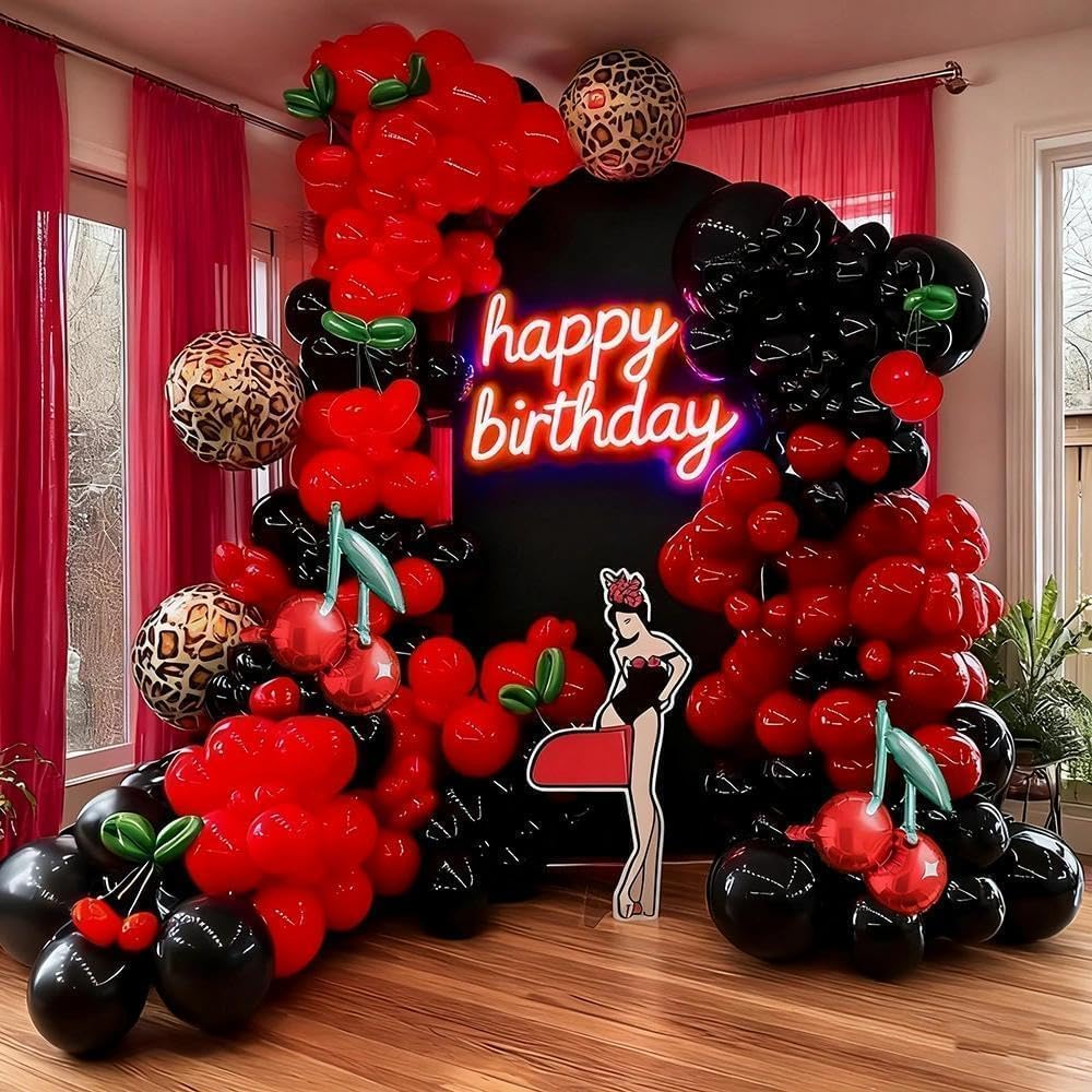 Red Black Balloon Arch Kit Double Stuffed Burgundy Black Maroon Balloon Garland Cherry Cheetah Print Balloons for Birthday Bridal Baby Shower Valentine's Day Bachelorette Party Decorations - Image 2