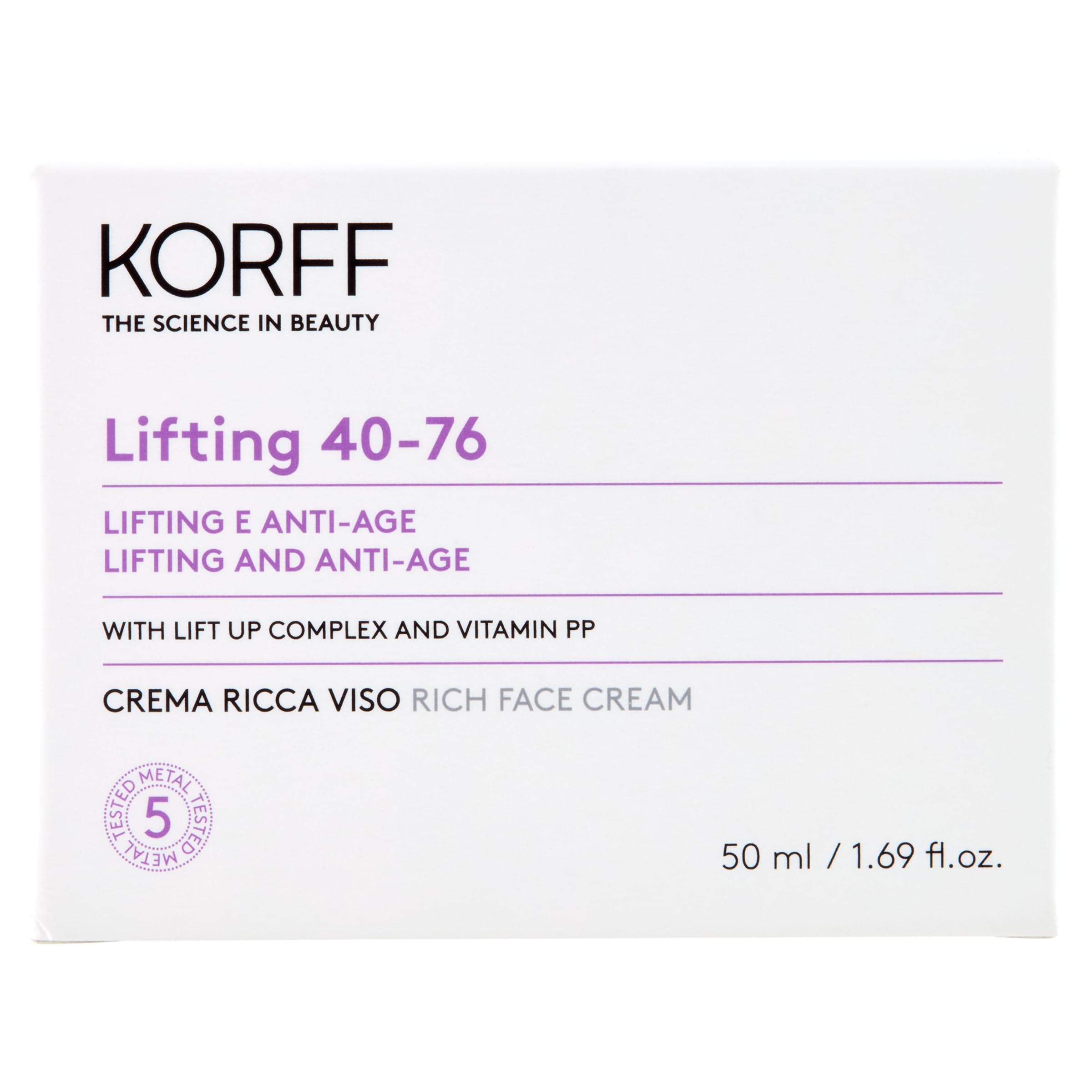 Korff Lifting Crema Viso Ricca, Effetto Lifting con Lift Up Complex e Vitamina PP, Texture Confortevole e Idratante per Pelli Secche, Formato 50ml