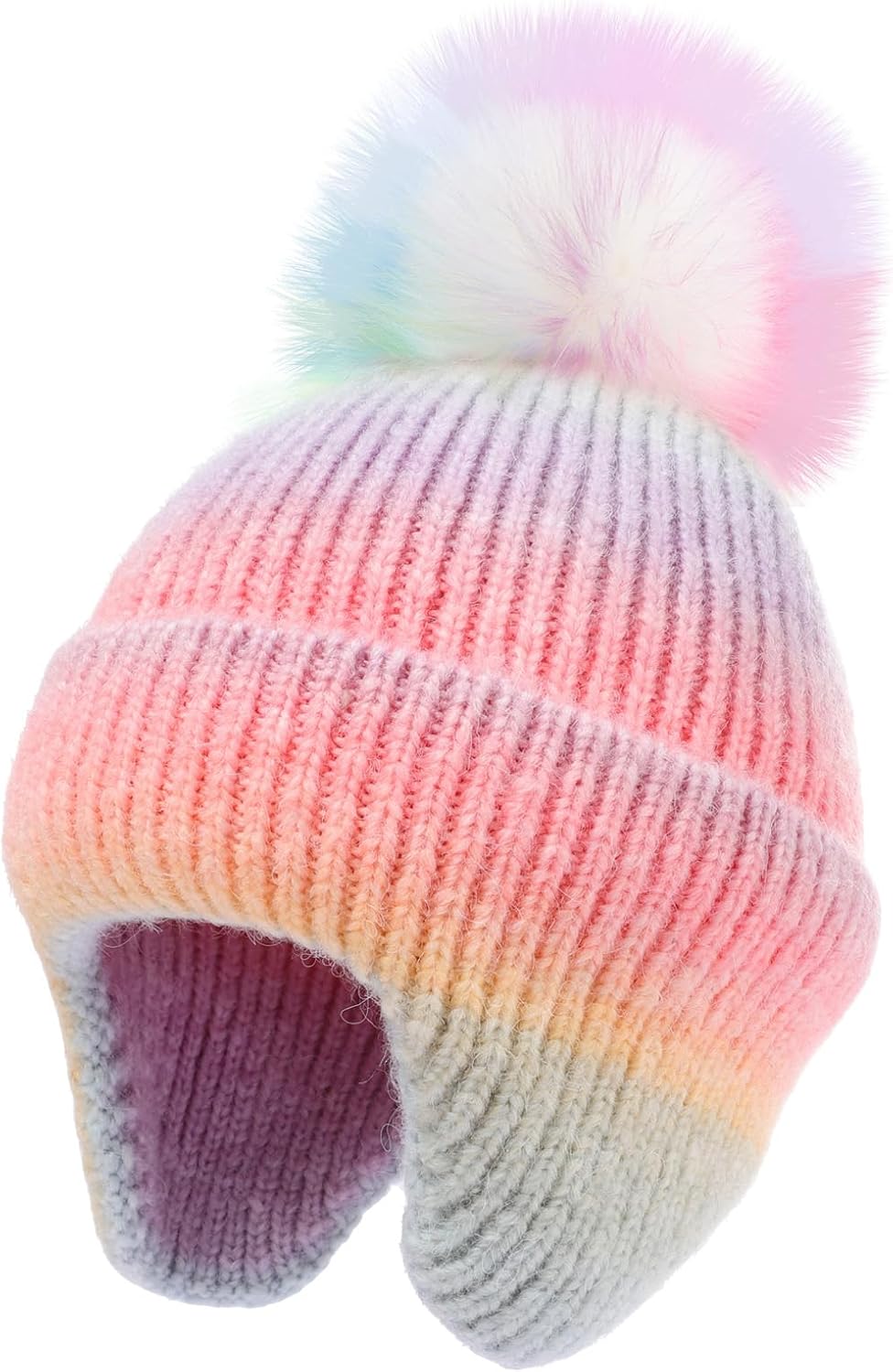 Kids Beanie with Ear Flaps for Boys Girls Pom Knit Hats Fleece Lining Winter Outdoor Skull Snow Ski Cap Age 2-10