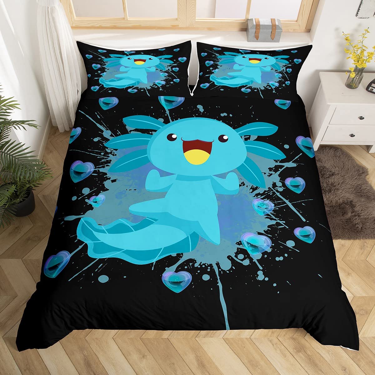Parure de lit 3 pièces motif cœur tie-dye gris Axolotl housse de couette King Size et taies