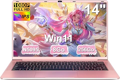Ordinateur Portable 14 Pouces Celeron N5095 (jusqu'à 2,9 GHz) 8Go DDR4 Win11 256Go SSD Extension 1To 5G WiFi HDMl FHD PC Portable avec Souris sans Fil qwerty Clavier AZERTY Membrane du Clavier - Or-1