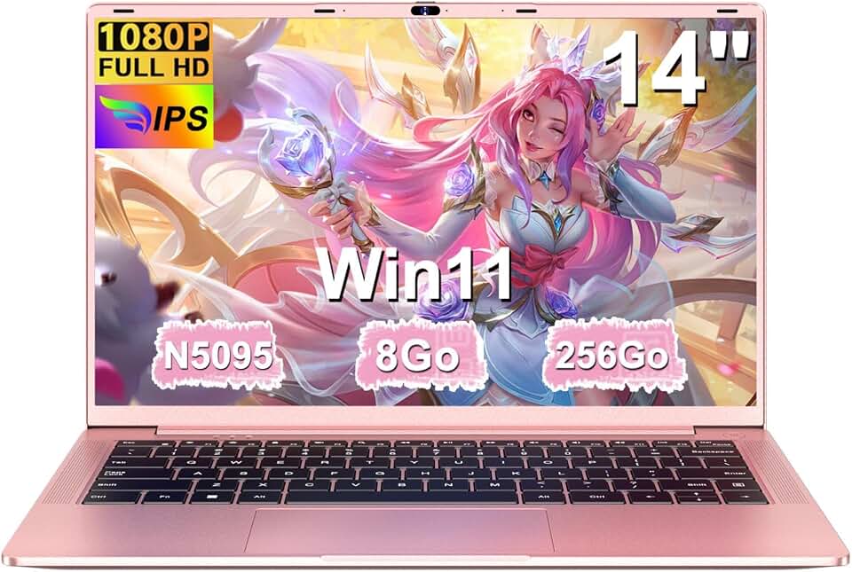 Ordinateur Portable 14 Pouces Celeron N5095 (jusqu'à 2,9 GHz) 8Go DDR4 Win11 256Go SSD Extension 1To 5G WiFi HDMl FHD PC Portable avec Souris sans Fil qwerty Clavier AZERTY Membrane du Clavier - Or-1