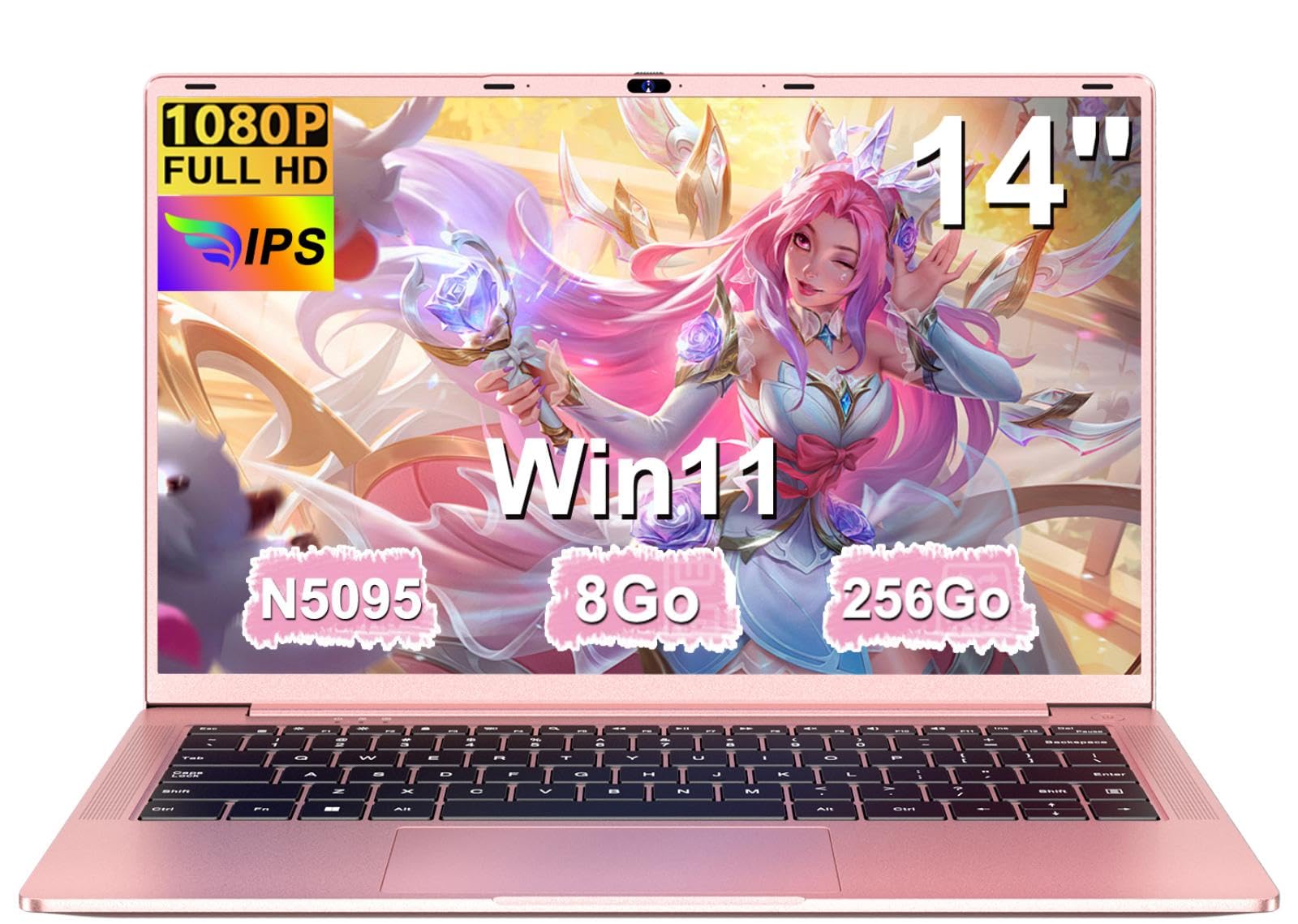 Ordinateur Portable 14 Pouces Celeron N5095 (jusqu'à 2,9 GHz) 8Go DDR4 Win11 256Go SSD Extension 1To 5G WiFi HDMl FHD PC Portable avec Souris sans Fil qwerty Clavier AZERTY Membrane du Clavier - Or-1