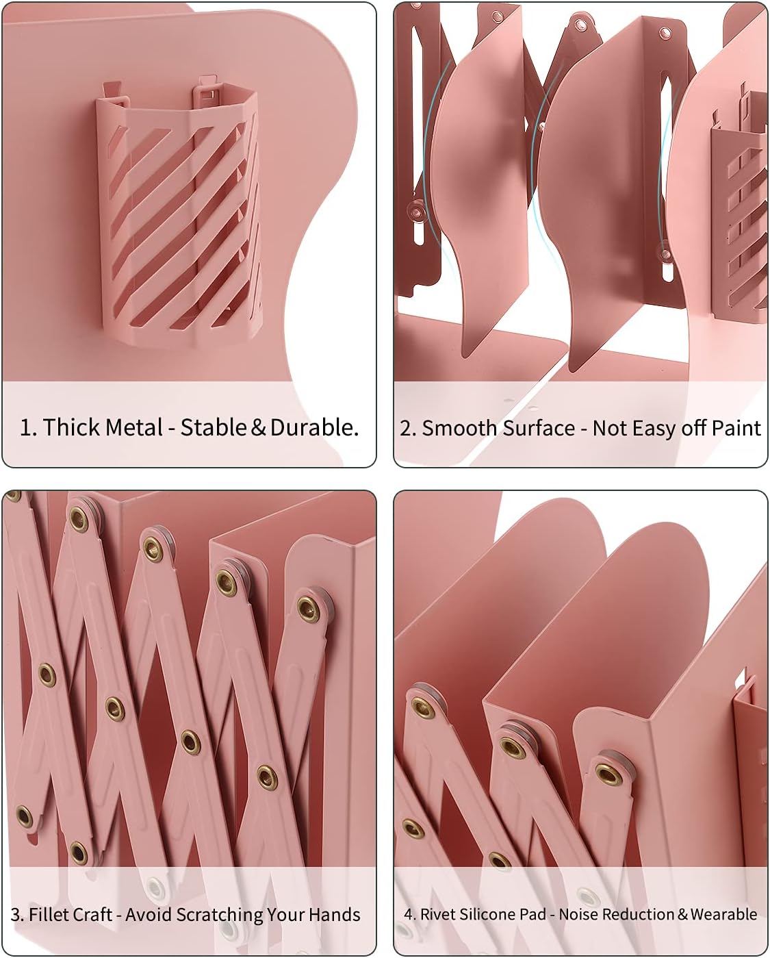 Expandable Metal Bookends, MSDADA Adjustable Book Ends Heavy Duty Book Holder with Detachable Pen Container - Image 5