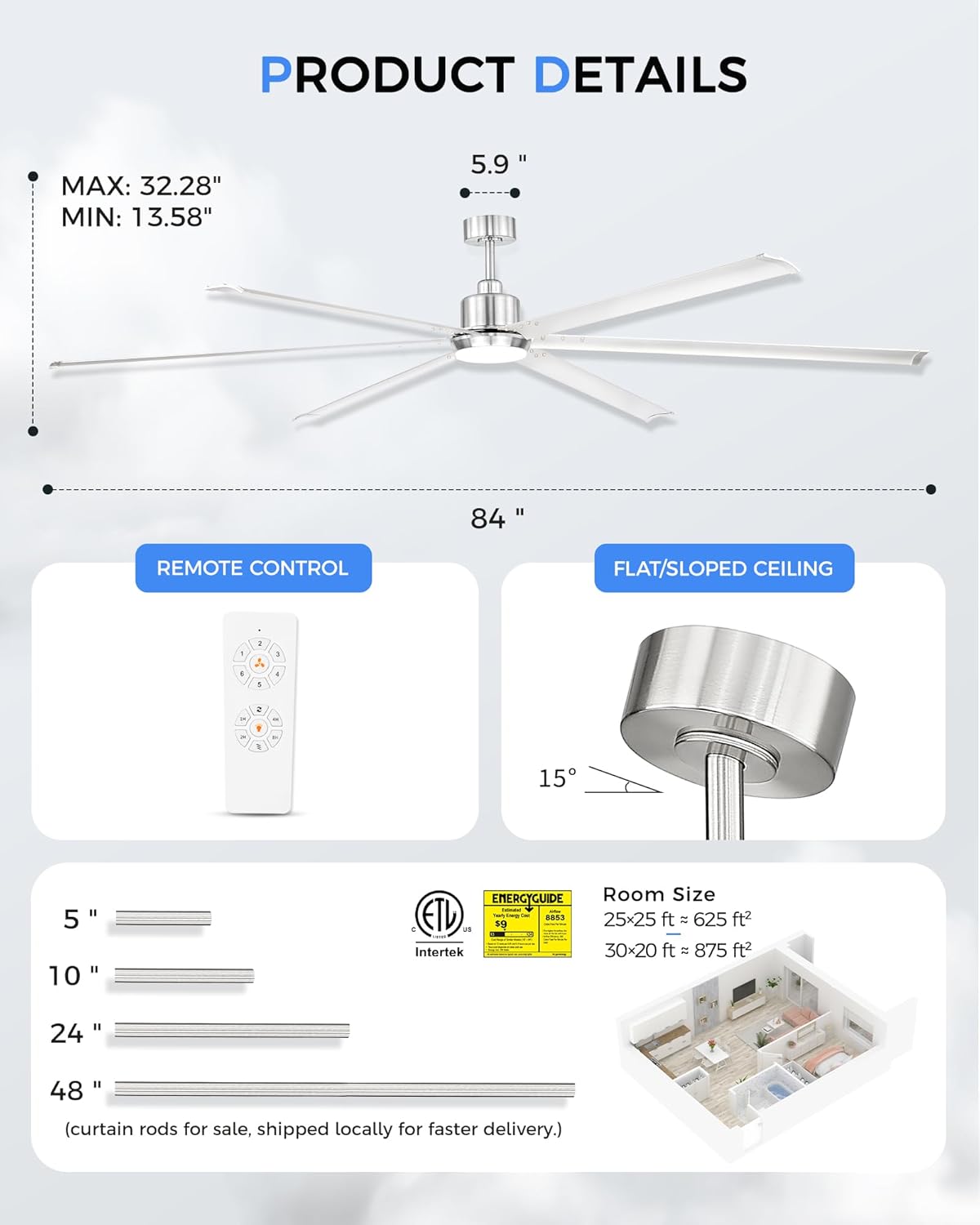 84 Inch Ceiling Fan with Light, Industrial Aluminum Blades, DC Motor 6 Speed Reversible,Covered Outdoor Garage, Brushed Nickel,CF06BN-84