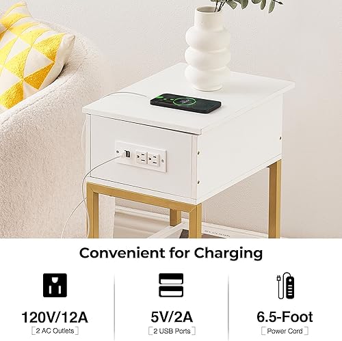 Miniatura 3 de Mesita de noche con estación de carga, mesas auxiliares con puertos USB y tomacorrientes, mesita de noche delgada con cajón deslizante y estante de