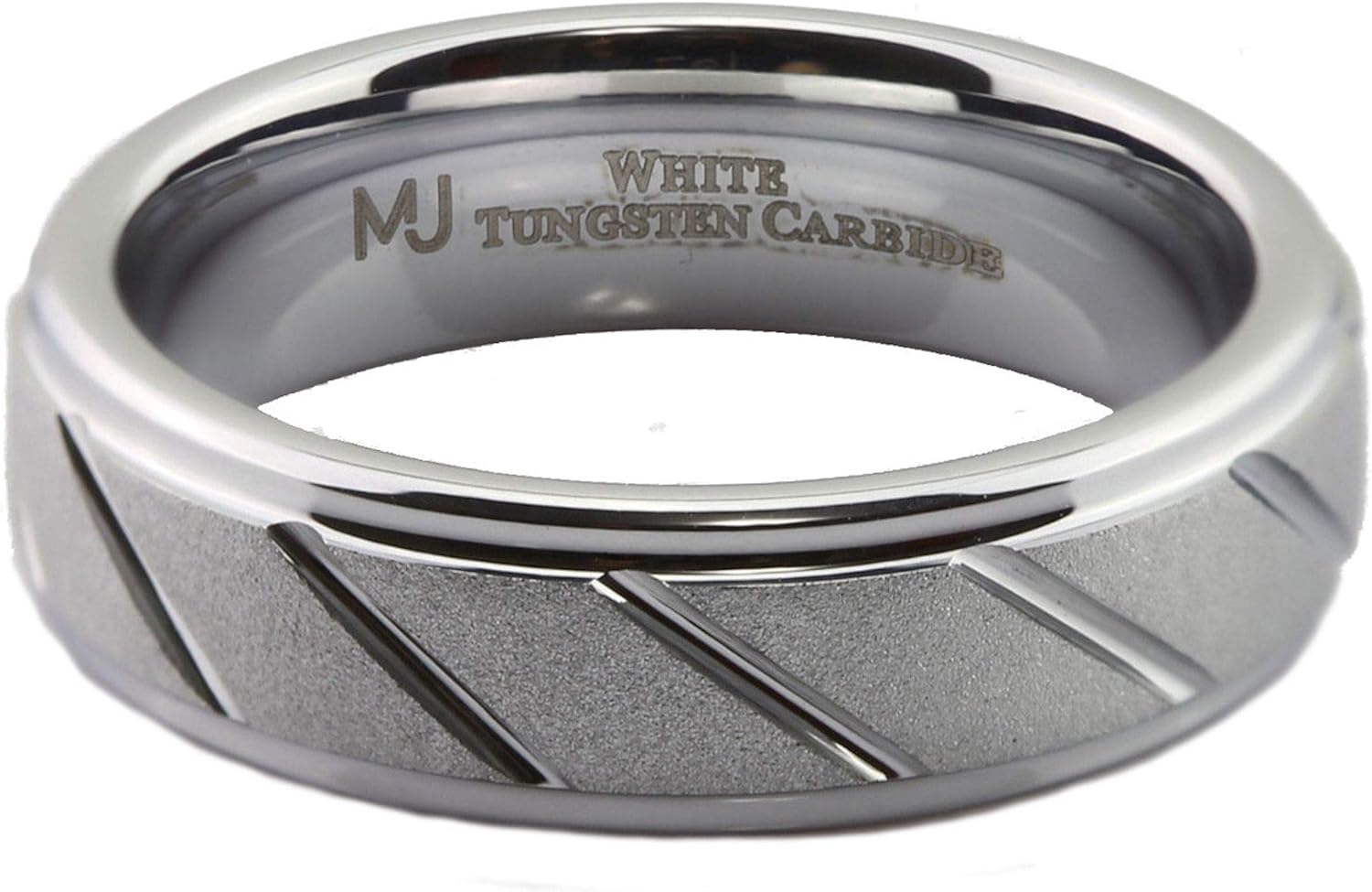 White Tungsten Ring 6mm or 8mm Wedding Band Sand Blasted with Diagonal Lines Comfort Fit Ring