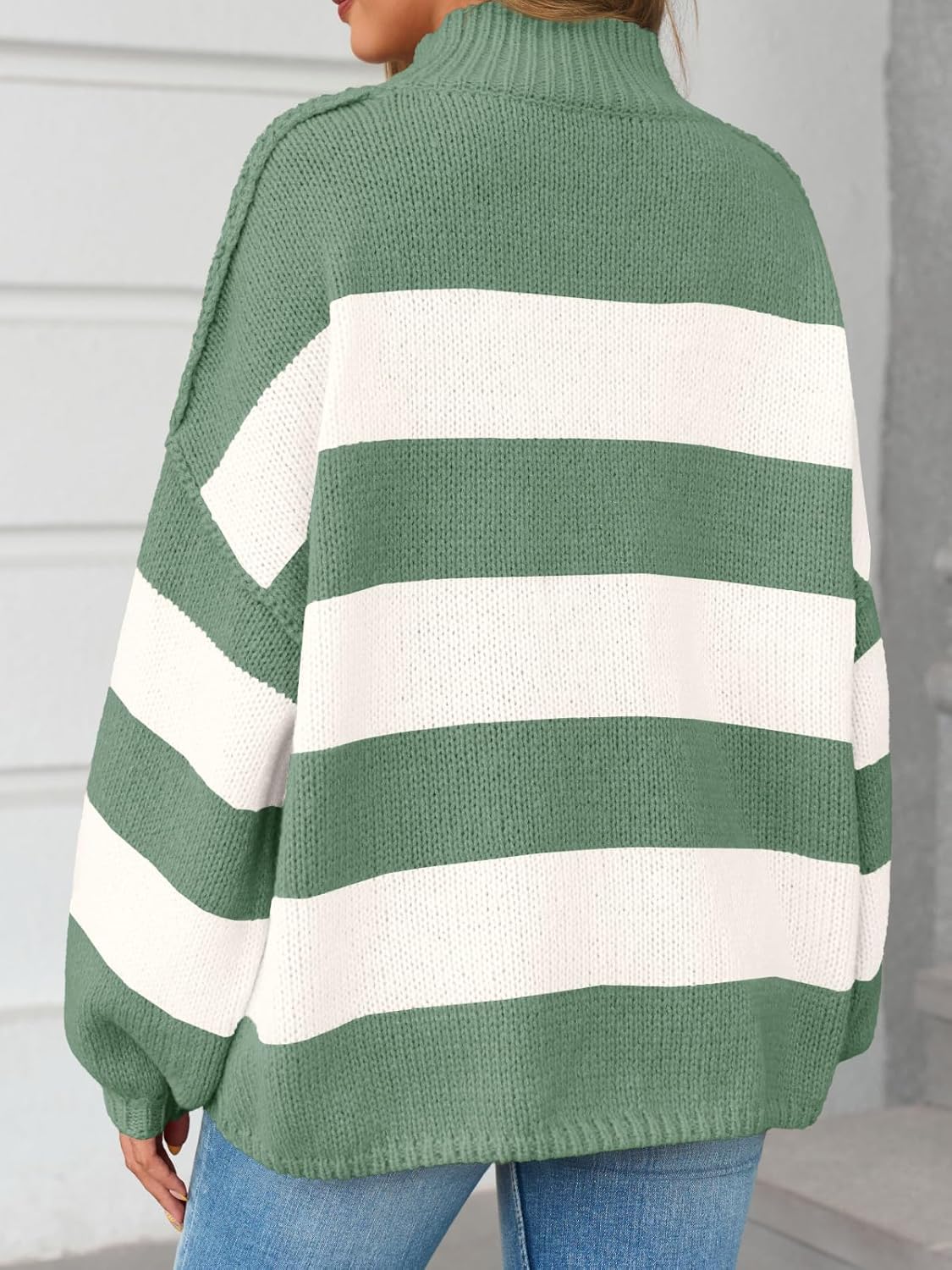 Saodimallsu Womens Oversized Striped Sweater Mock Neck Chunky Knit Lantern Long Sleeve Fall Trendy Tunic Sweaters Top - Image 5