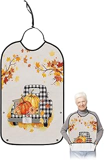 BOBOWUNY Thanksgiving Black Plaid Truck Adult Bibs for Elder Women Men Eating, Fall Pumpkin Maple Leaf Waterproof & Washable Bibs for Eating Clothing Protector Dining Bibs for Crumb Catcher