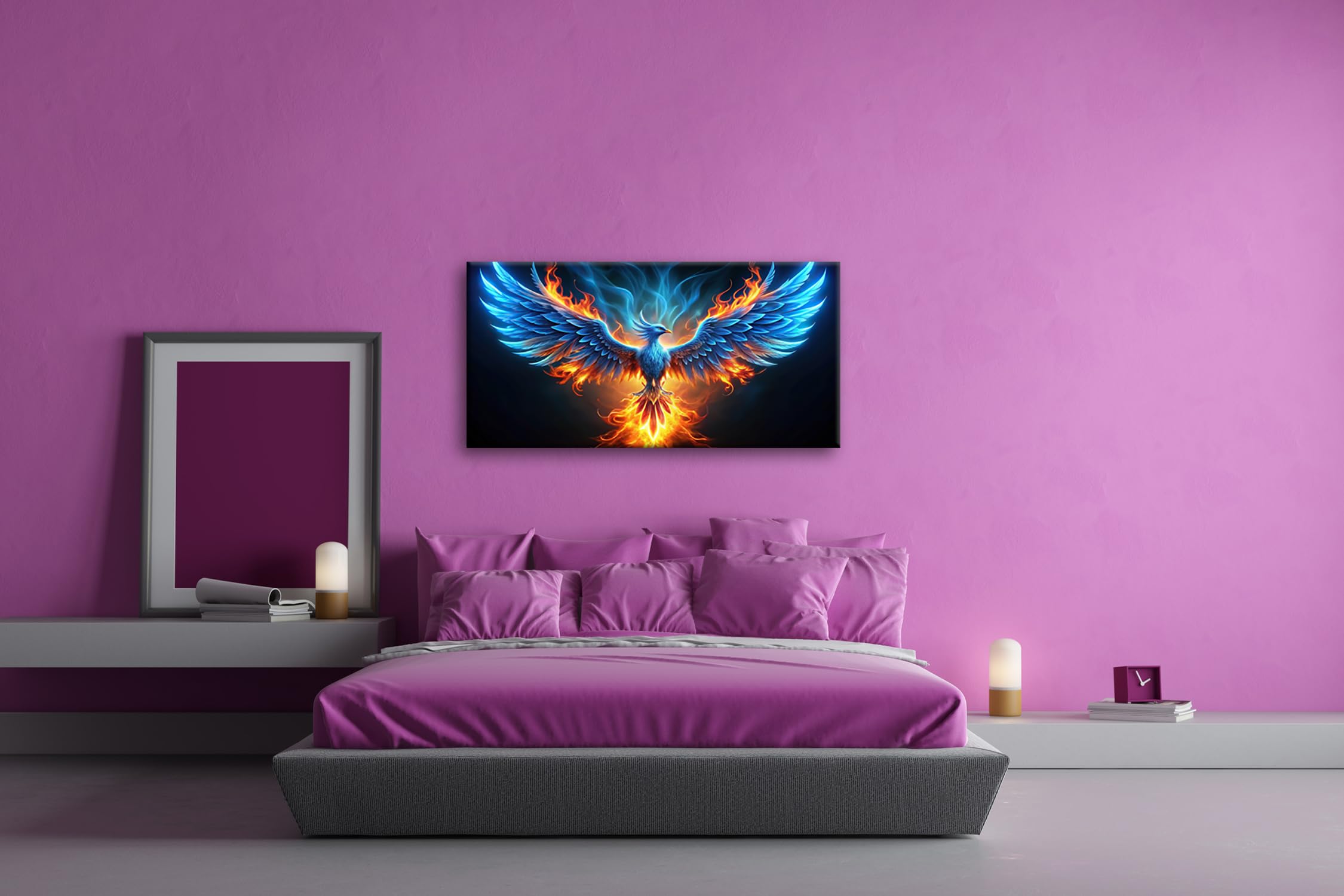 Leinwandbild Ein Phönix erhebt sich in Flammen aus Licht und Macht Panorama 120x60cm XXL Kunstdruck Bild auf Keilrahmen/Wandbild/Wohnzimmer Dekoration