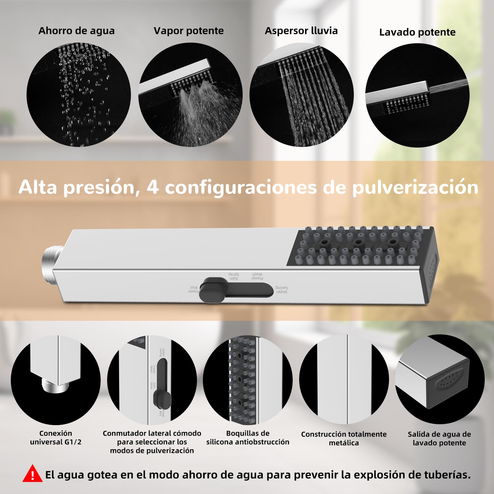 Hibbent Set de Ducha de Lluvia en Metal con Mano 4 Modos, Altura Ajustable, Kit sin Grifería, Válvula de Desvío en Latón, Cromado