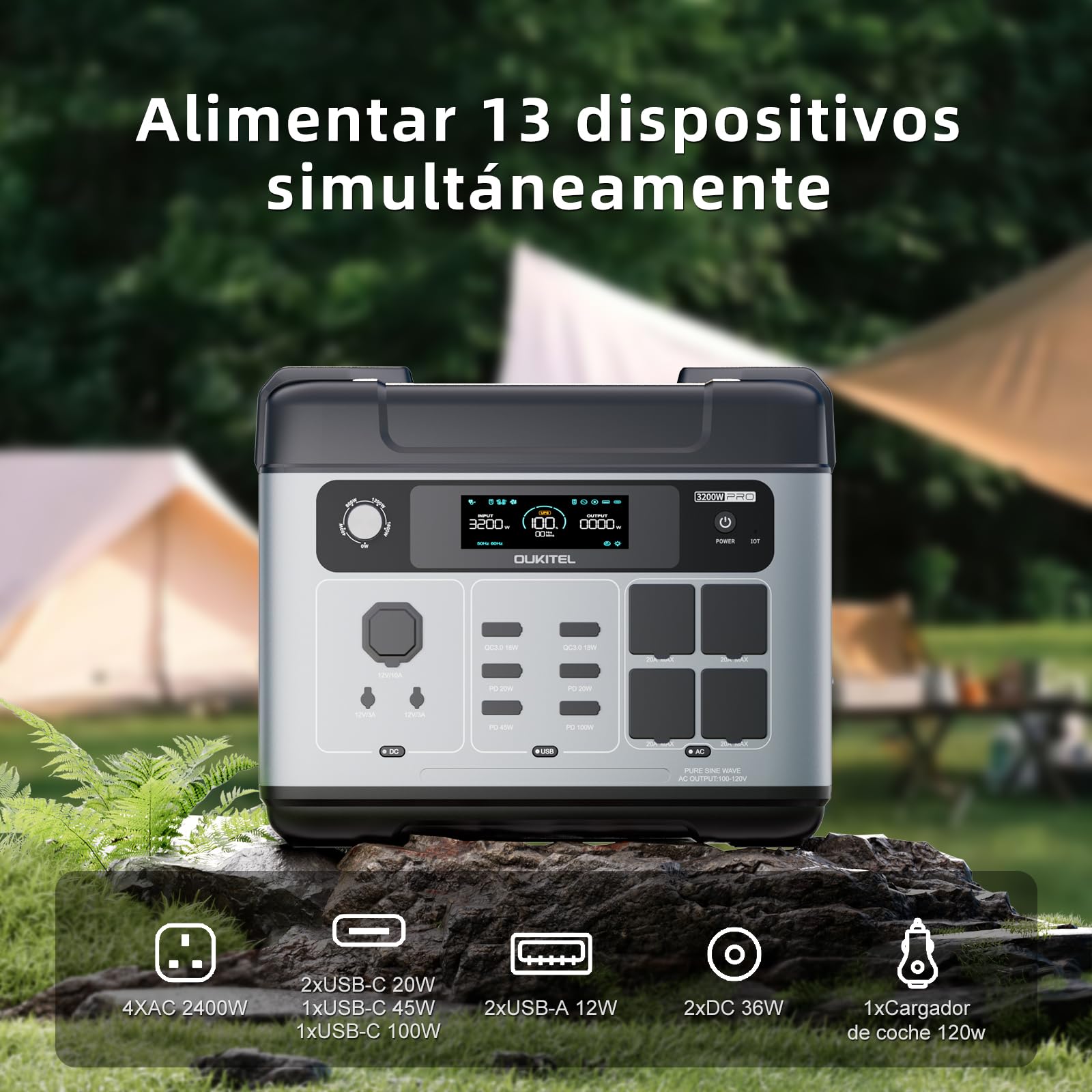 OUKITEL Estacion de Energia Portatil 3200W (Pico 6400W) Generador Solar | con Panel de 100W, Batería LiFePO4 de 2048Wh, 4 Tomas de CA, Carga Rápida 1,2h, Power Station para Camping, Hogar,SAI Backup
