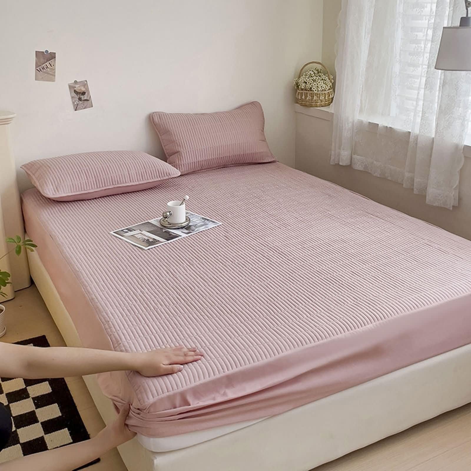 Pack de 3 Piezas Sabana Bajera Elastica Algodón, Color Sólido, 220 x 200 CM + 2 Fundas de Almohada, Sabanas Bajera Rosa