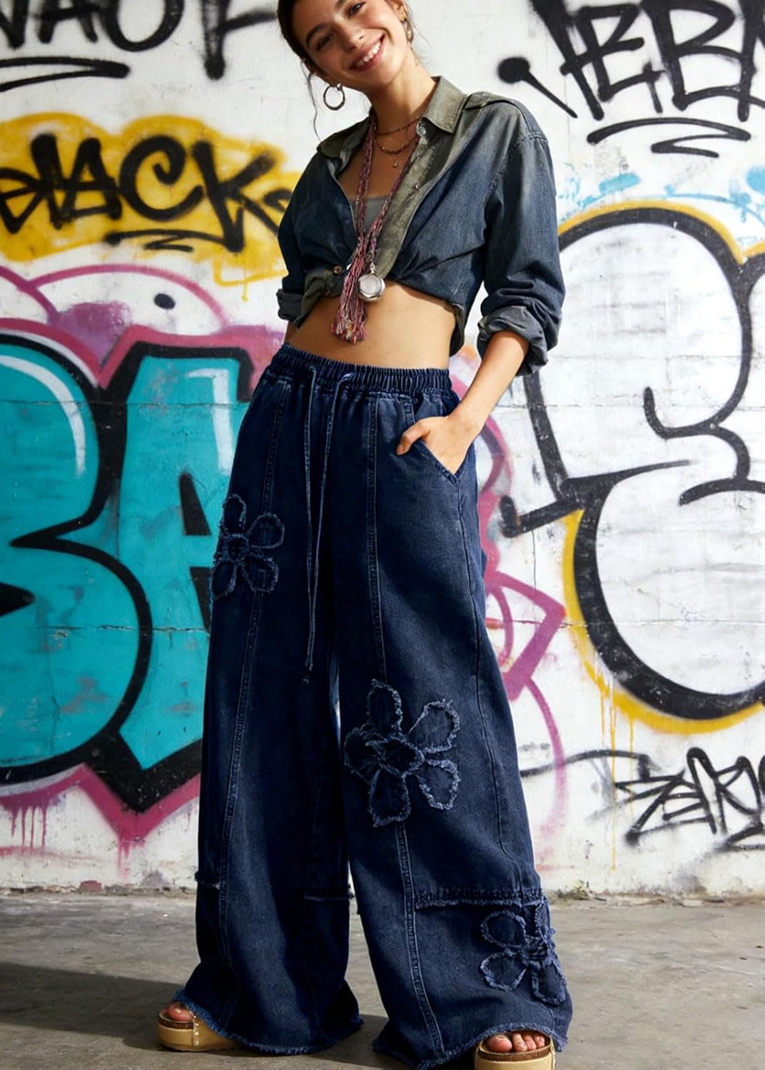 CHARTOU Baggy Wide Leg Jeans Women Drawstring Elastic High Waisted Distressed Floral Denim Pants Y2k Jeans image 5