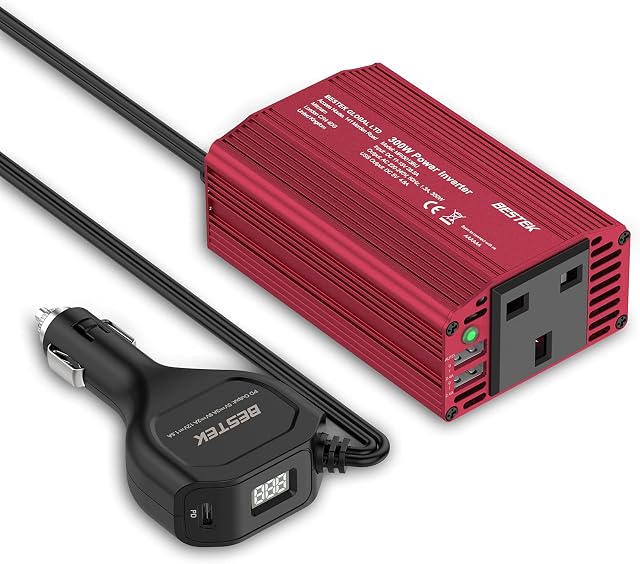 BESTEK USB C PD 300W Car Inverter, 18W Type-C PD Cigarette Lighter Plug, DC 12V to AC 220V 230V 240V Outlet Power Converter with 4.8A Dual USB Port