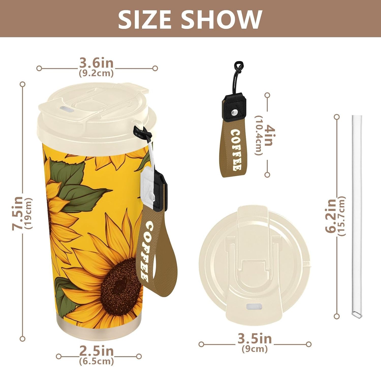 Insulated Coffee Mug Sunflower Leaf Art with Straw & Flip Lid, 16.9oz Iced Tumbler Cup, Double Wall Vacuum Mug for Travel Office Camping