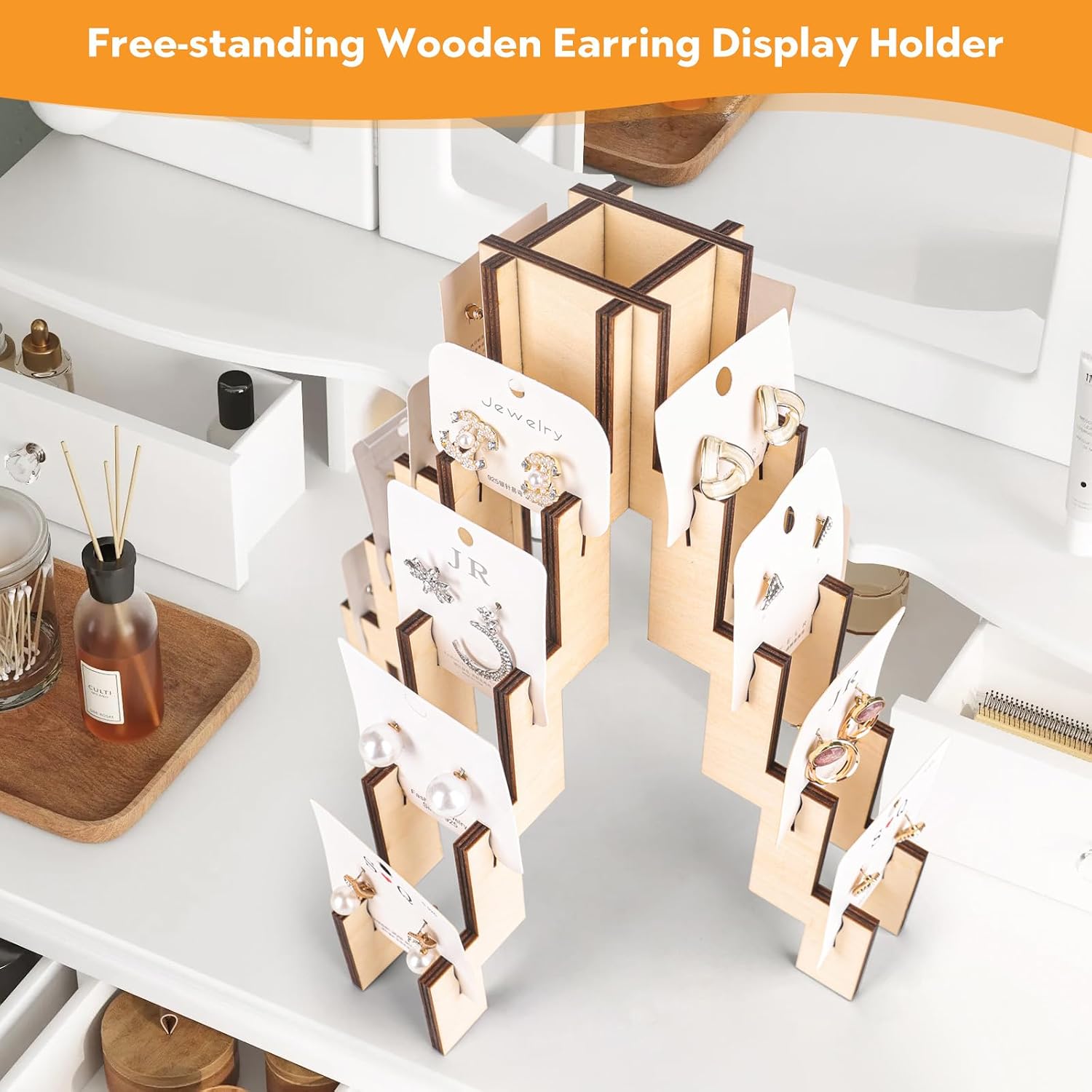 Portable Wooden Jewelry Display Tower, 4-Sided 16-Slot Rotating Earring & Bracelet Showcase with Card Holder, Free-Standing Retail Merchandiser