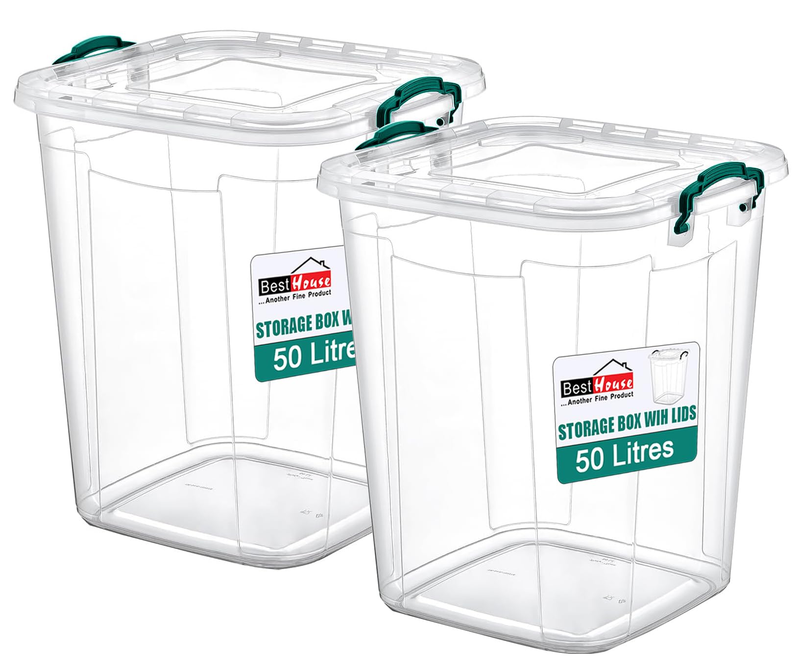 Best House | Plastic Storage Box with Clips & Lids | Size: 50L (L:42.4cm W:40cm H:48.8cm) | Set of 2 | Square Shape | Stackable Clear Durable Multipurpose Office Home Kitchen Tools Crafts (LARGE Size)
