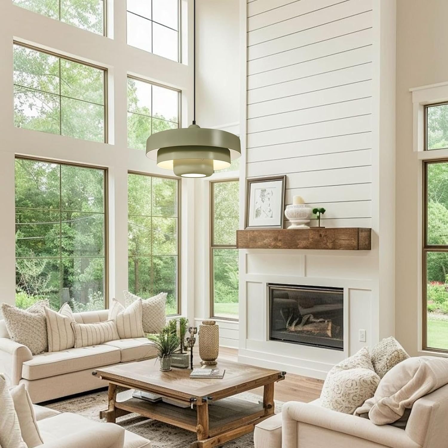 Plug in Pendant Light Fixtures, Olive Green Hanging Lamp with 3-Layer Metal Shade 14.75ft Hanging Lights with Plug in Cord Nordic Hanging Light for Kitchen Island Dining Room Bedroom