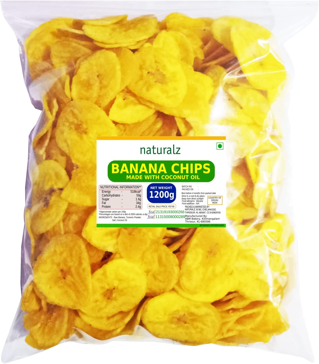 Naturalz Kerala Banana Chips Made in Coconut Oil - 1200g