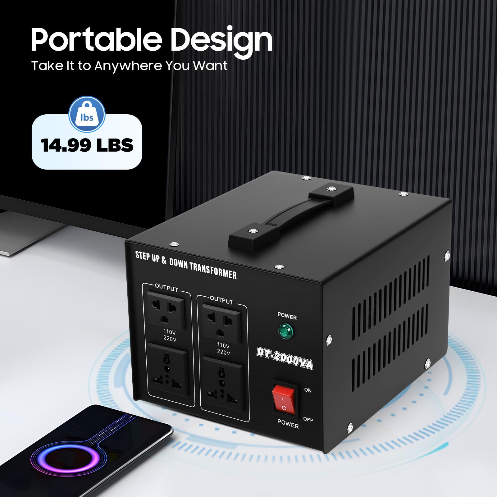 Trasformatore di tensione da 2000 W, 220 V/110 V, trasformatore con nucleo in rame, convertitore, convertitore AC, protezione da sovratensione, per più dispositivi, ecologico e robusto