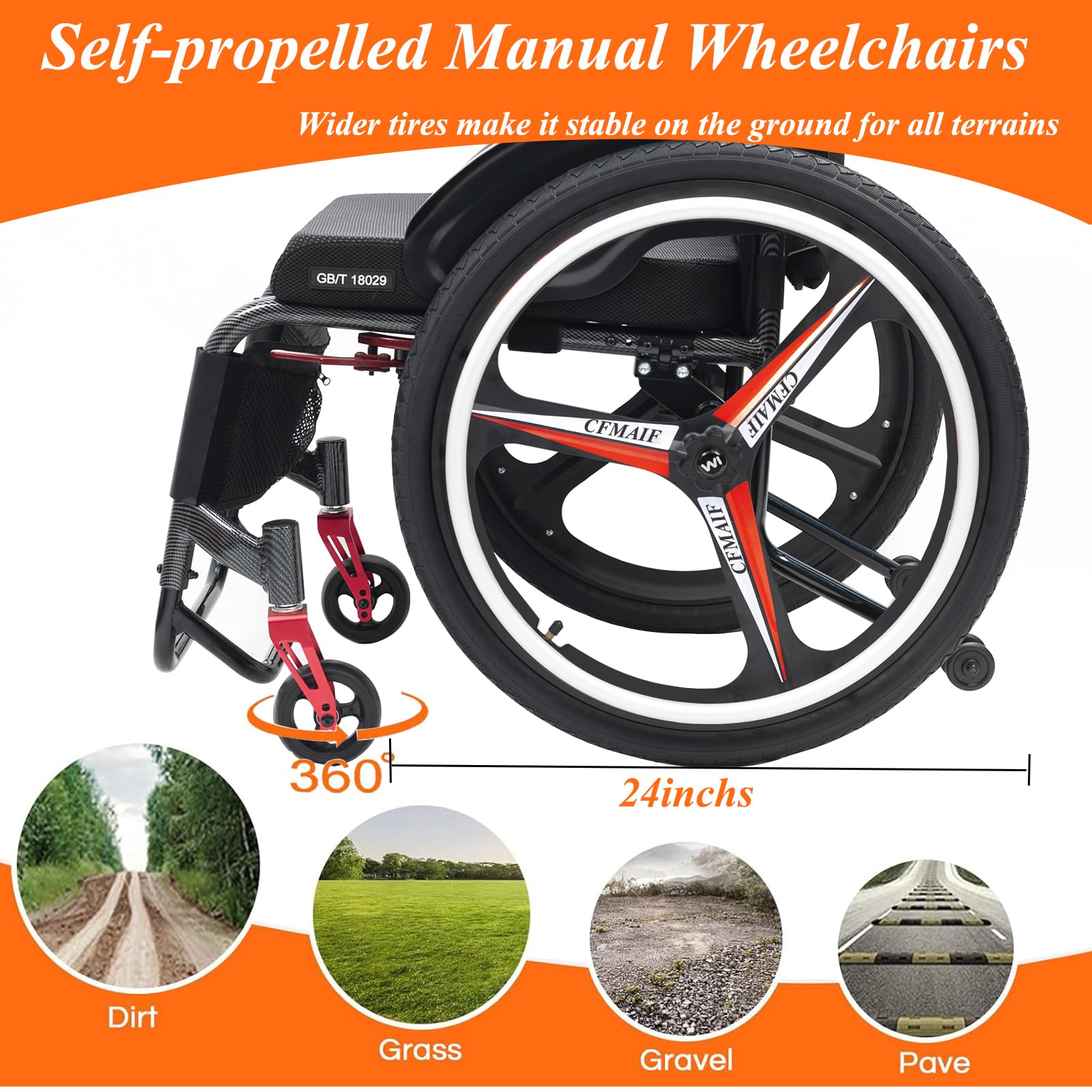 Silla de ruedas deportiva para adultos, silla de ruedas ligera, silla de ruedas manual autopropulsada, silla de ruedas todo terreno con frenos (asiento de 45 cm, plateado)