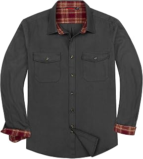 Men's Solid Flannel Shirt Work Long Sleeve Casual Button Down Shirts Outdoor Cotton Warm Shacket