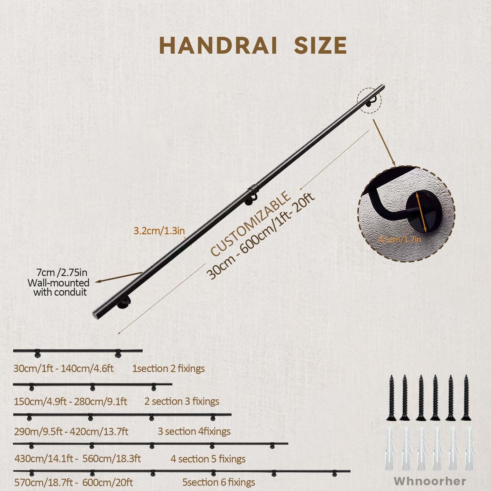 Moderner Handlauf aus Schmiedeeisen, 1, 2, 3, 4, 5, 6 Meter, Treppengeländer aus Rundrohr mit Wandhalterungen und Metallschrauben, Rutschfester Sicherheitshaltegriff(400cm)