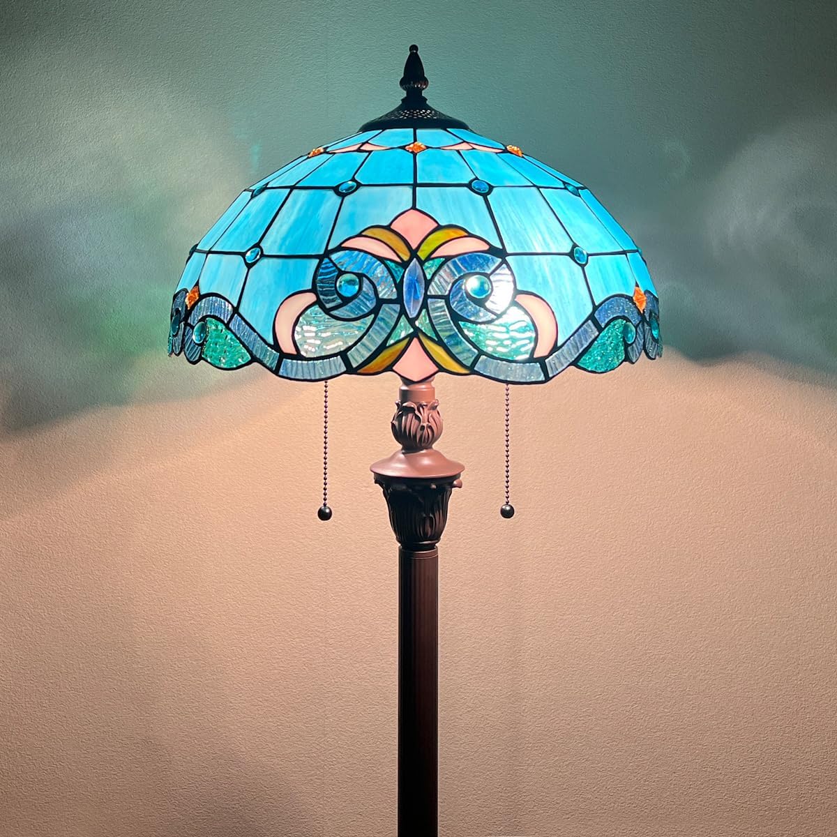 Tiffany Floor Lamp for Living Room,16 inch Blue Stained Glass Tall Standing Pole Lamp for Reading,Antique Style Floor Light for Bedroom Office