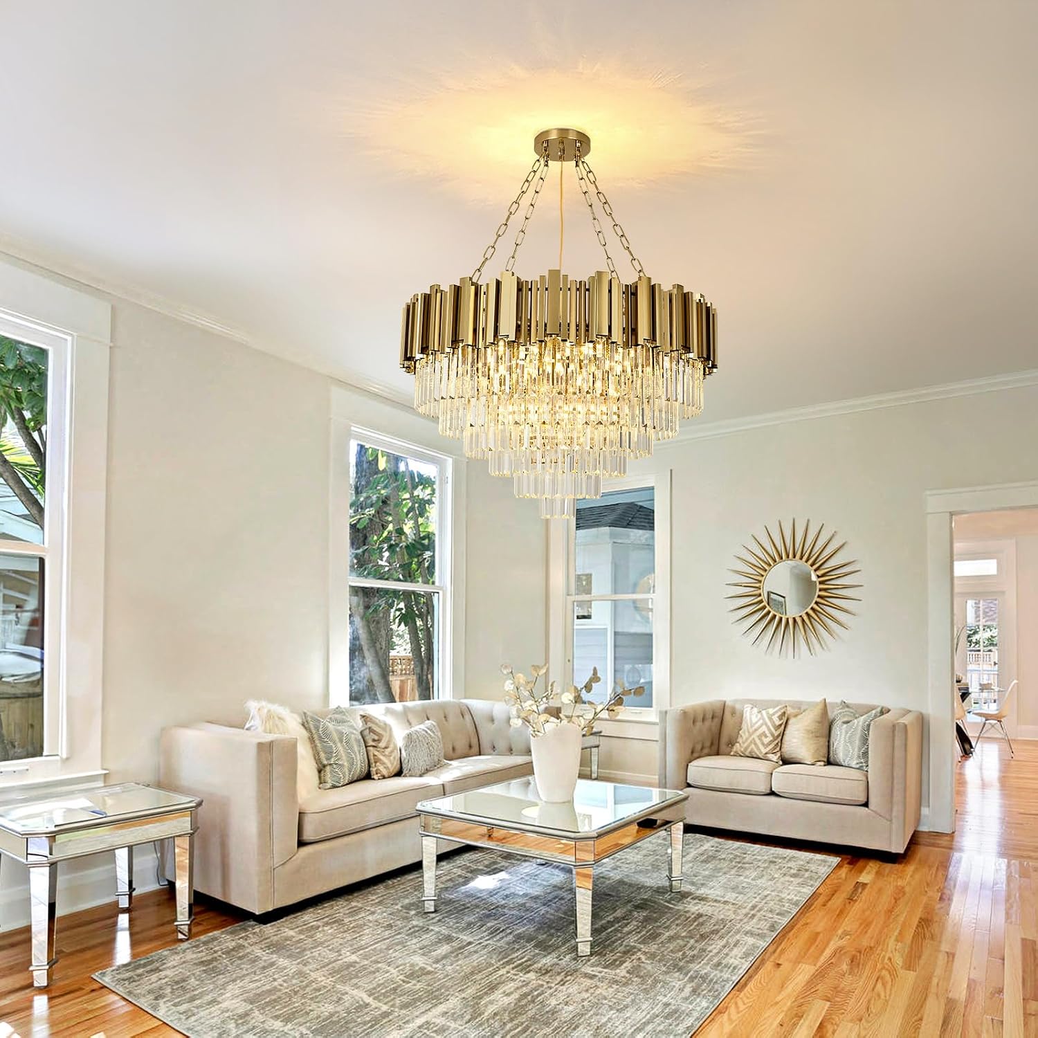 Modern Crystal Chandelier Gold Pendant Light Fixtures, Round Crystal Pendant Lighting for Living Room, Dining Room, Bedroom, Restaurant, E12 x 12, Φ30inch