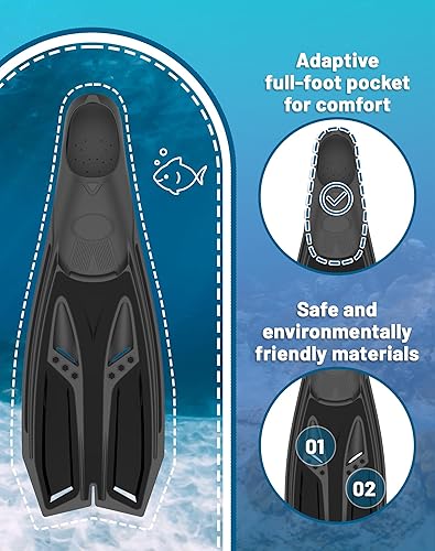 Miniatura 6 de Greatever Aletas de esnórquel con bolsillo completo para el pie, aletas largas y duraderas para buceo, equipo de esnórquel profesional para
