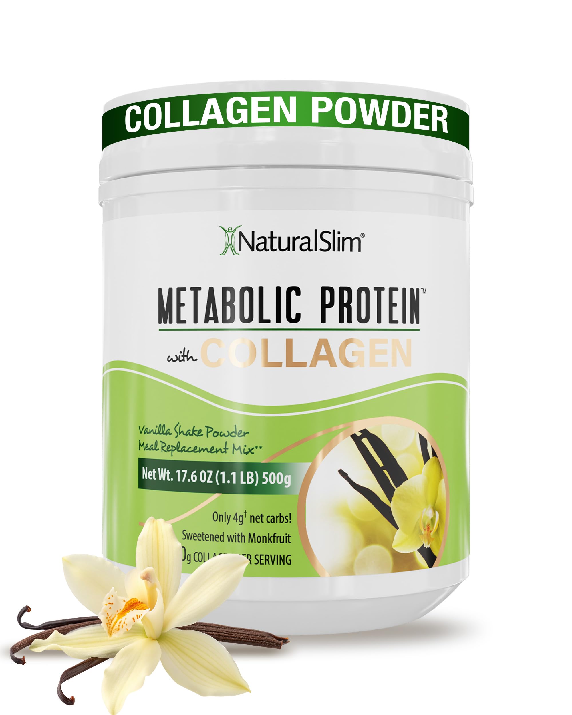 NaturalSlim Metabolic Protein Powder with Collagen, whey protein powder shake, Hydrolyzed Collagen with L-Glutamine for Metabolic Support, Digestion, Skin, Joints & Muscle, Low Carb 17.06 oz Vanilla