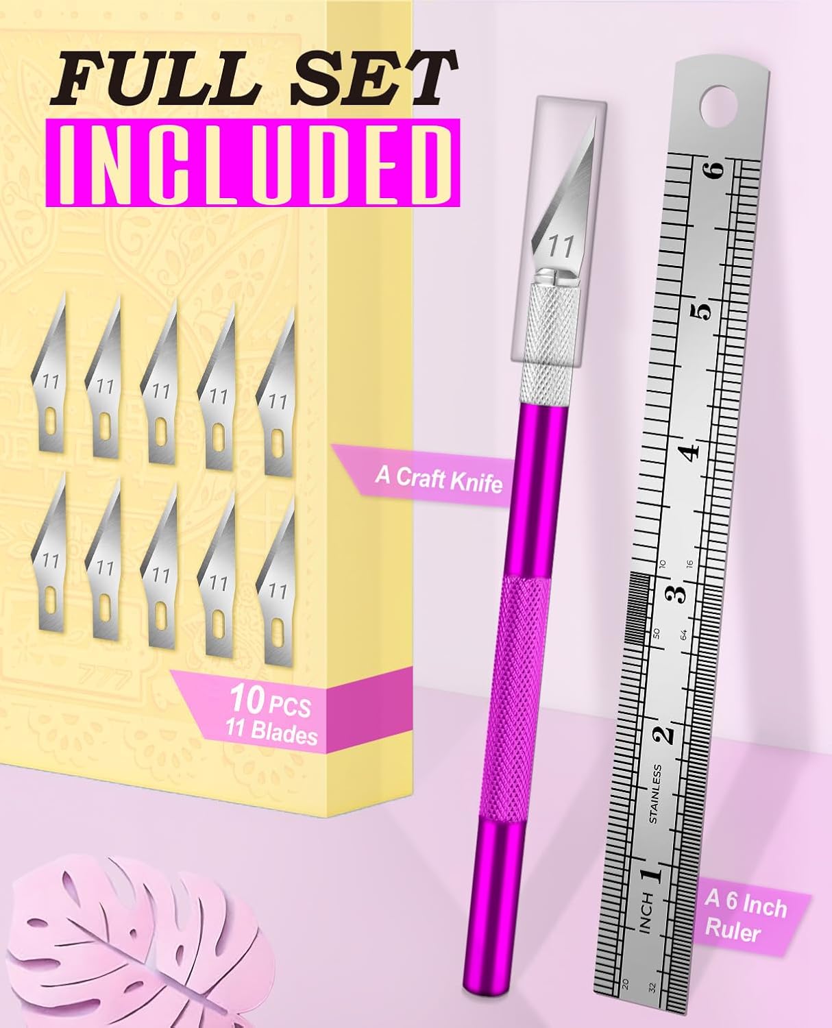 DIYSELF Craft Knife with 10 Extra #11 Blades, Precision Hobby Knife Set with Steel Ruler, Exacto Knife for Crafting, Polymer Clay, Pottery, Paper, Vinyl, Stencil & Model Making (Purple)