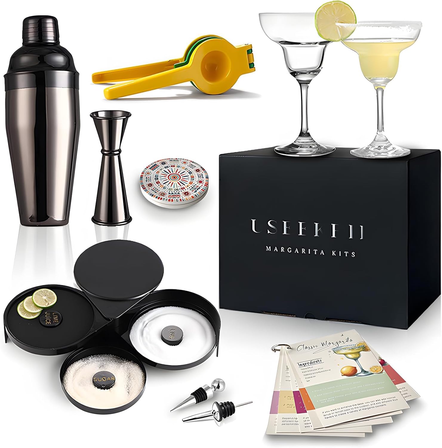 Margarita Kit - Set of 2 Margarita Glasses (8.5oz), 3-Tier Salt Rimmer, Stainless Cocktail Shaker & Jigger, Coasters，Cocktails Cards，Citrus Squeezer and More - Margarita Kit Gift Set