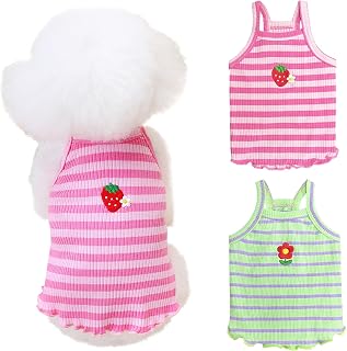 2 Pieces Small Medium Dogs Summer Clothes Dog Striped Shirt Cute Flower Strawberry Embroidery Vest Pet Outfit for Chihuahua Yorkie Teddy (Pink-Green, Medium)