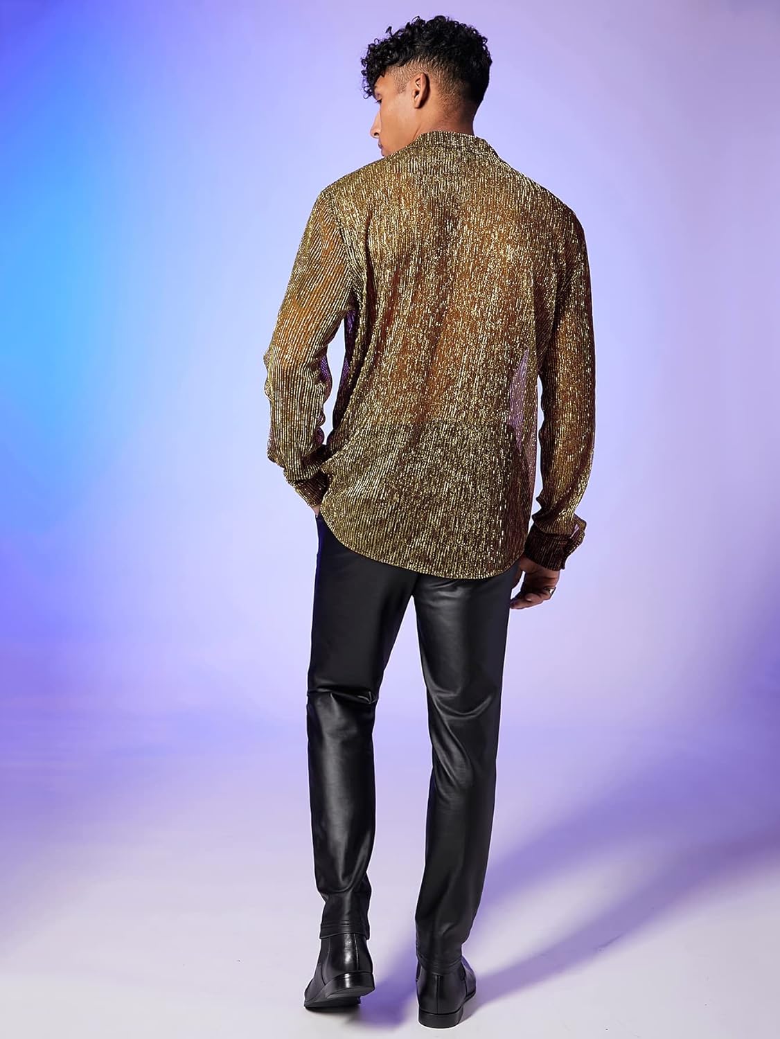 WDIRARA Men's Sheer Mesh See Through Glitter Button Front Long Sleeve Shirt Tops