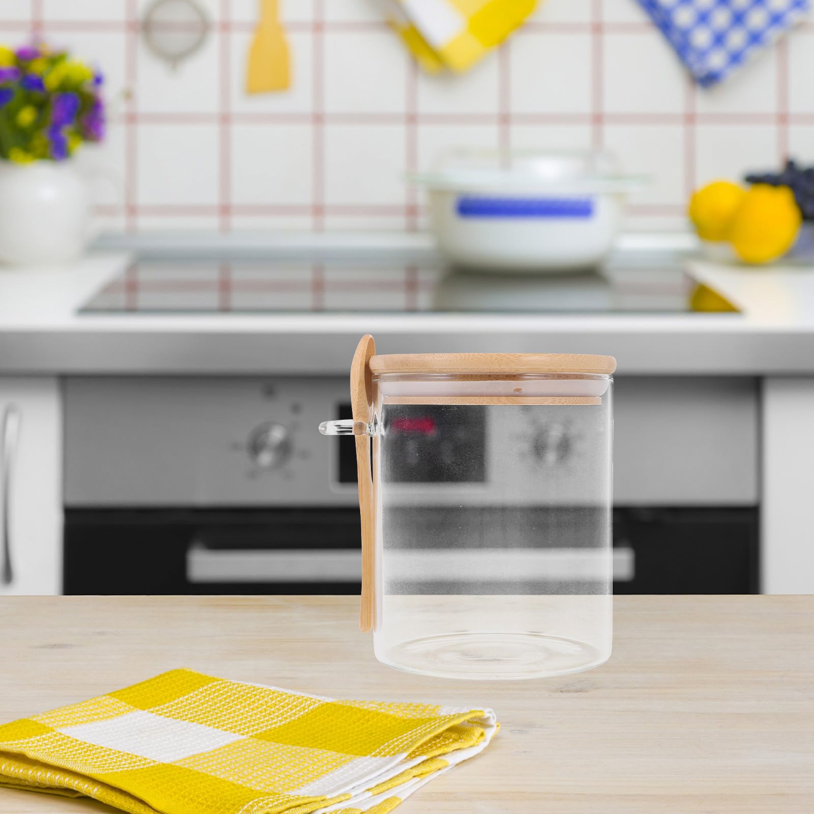 GALPADA Barattolo Ermetico in Vetro con Coperchio in Legno 800 Ml | Set da 2 Pezzi con Cucchiaio in Legno, per Ingredienti Secchi e Organizzazione Cucina