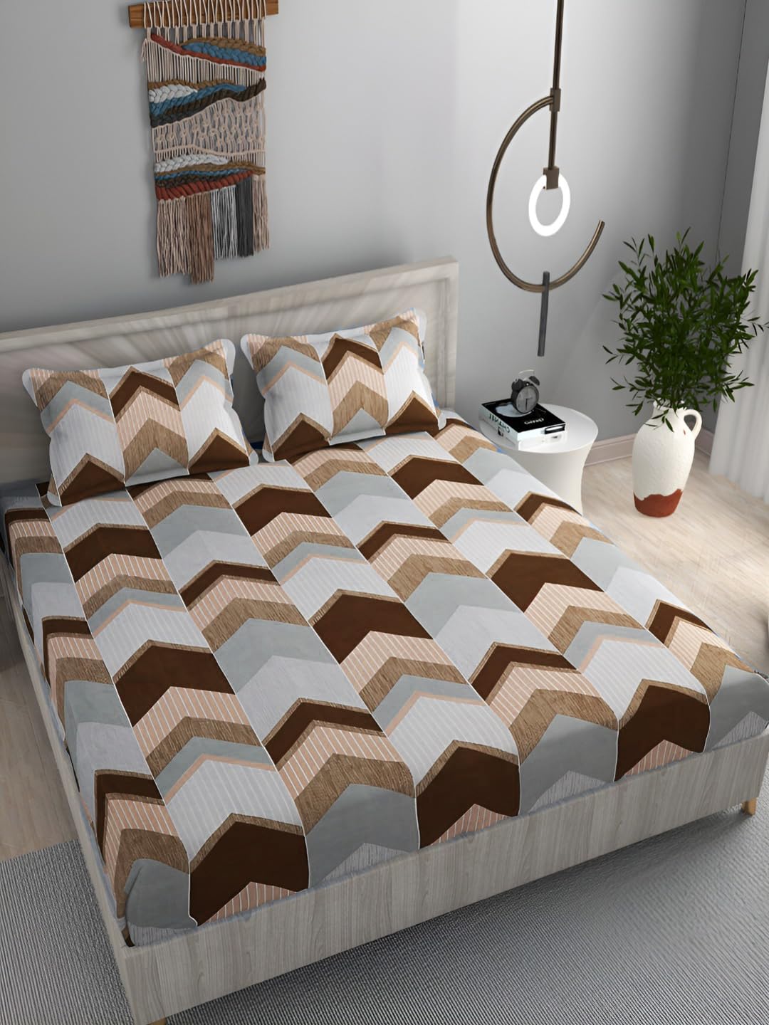 DECOMIZER 300 TC Cotton Feel Glace Cotton Elastic Fitted Printed King Size Double Bed Bedsheet with 2 Pillow Coverm Fits Upto 8 inches Mattress,Size- 72x78x10 Inches,Coffee Up Arrow